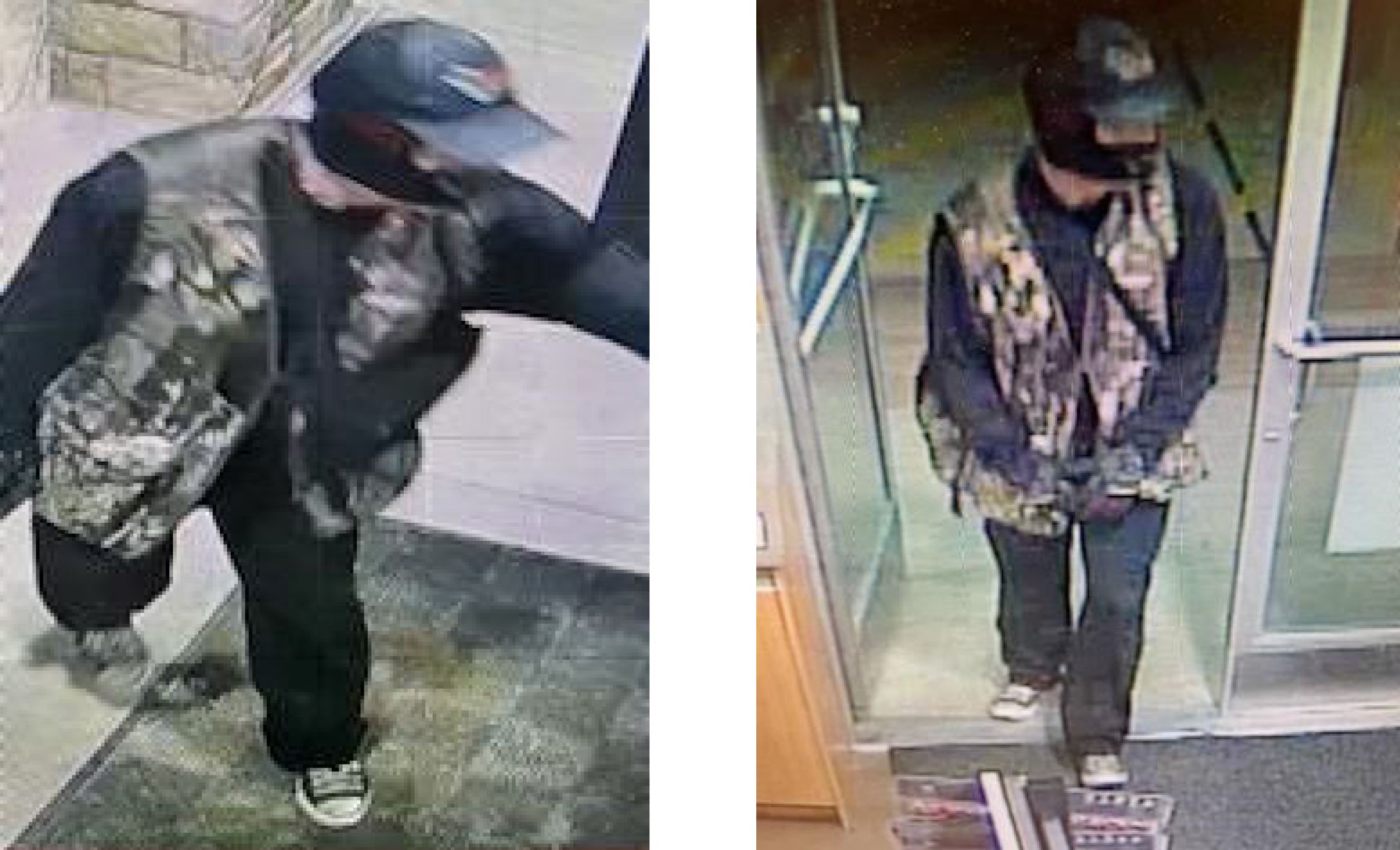 Store camera photos of robbery suspect wearing all black with oversized camouflage vest, converse sneakers with a black ski mask and ballcap.